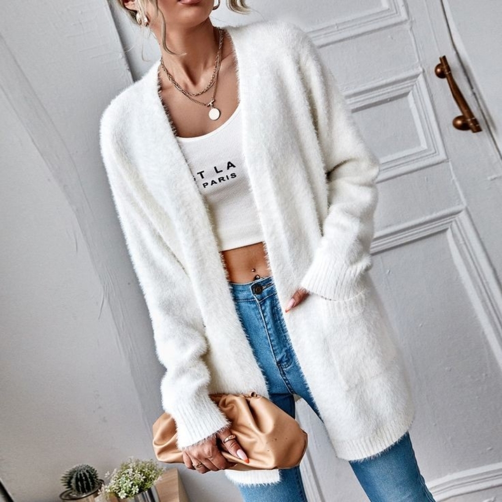 White long fuzzy cardigan